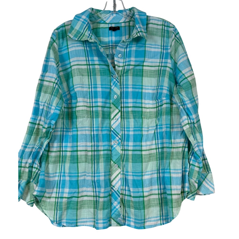 Talbots Plus Womens 1X Plaid Button Down Shirt Turquoise Coastal Prep Summer L/S